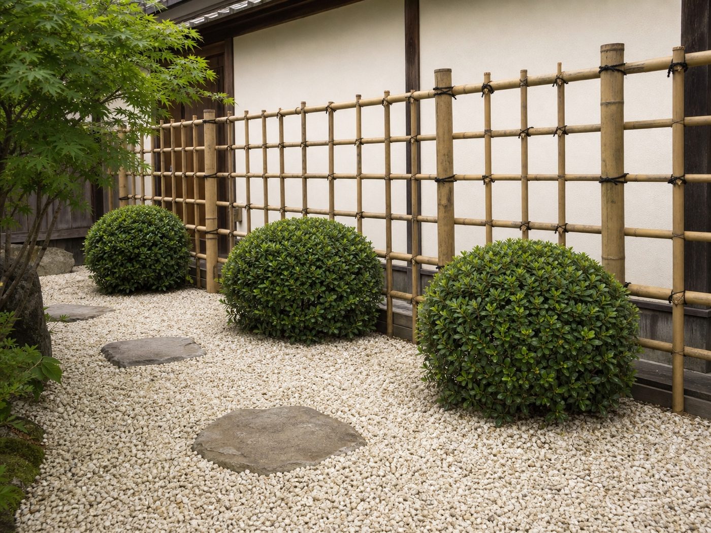 竹垣と丸く刈り込んだ低木、白い砂利と飛石でまとめた小さな坪庭