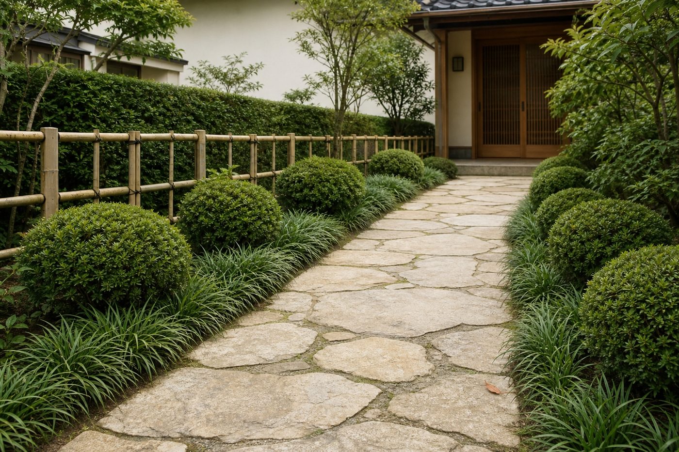 玄関へ続く自然石の石畳のアプローチと、両脇に植えられた低木と下草