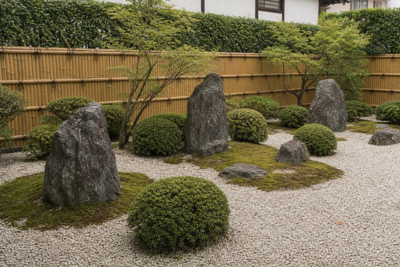 大小の庭石を多く据え、白い砂利と苔で仕上げた五坪ほどの和風の庭