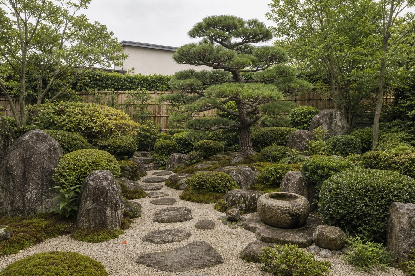 仕立てた松と刈り込み、蹲踞や景石を組み合わせた本格的な和風庭園