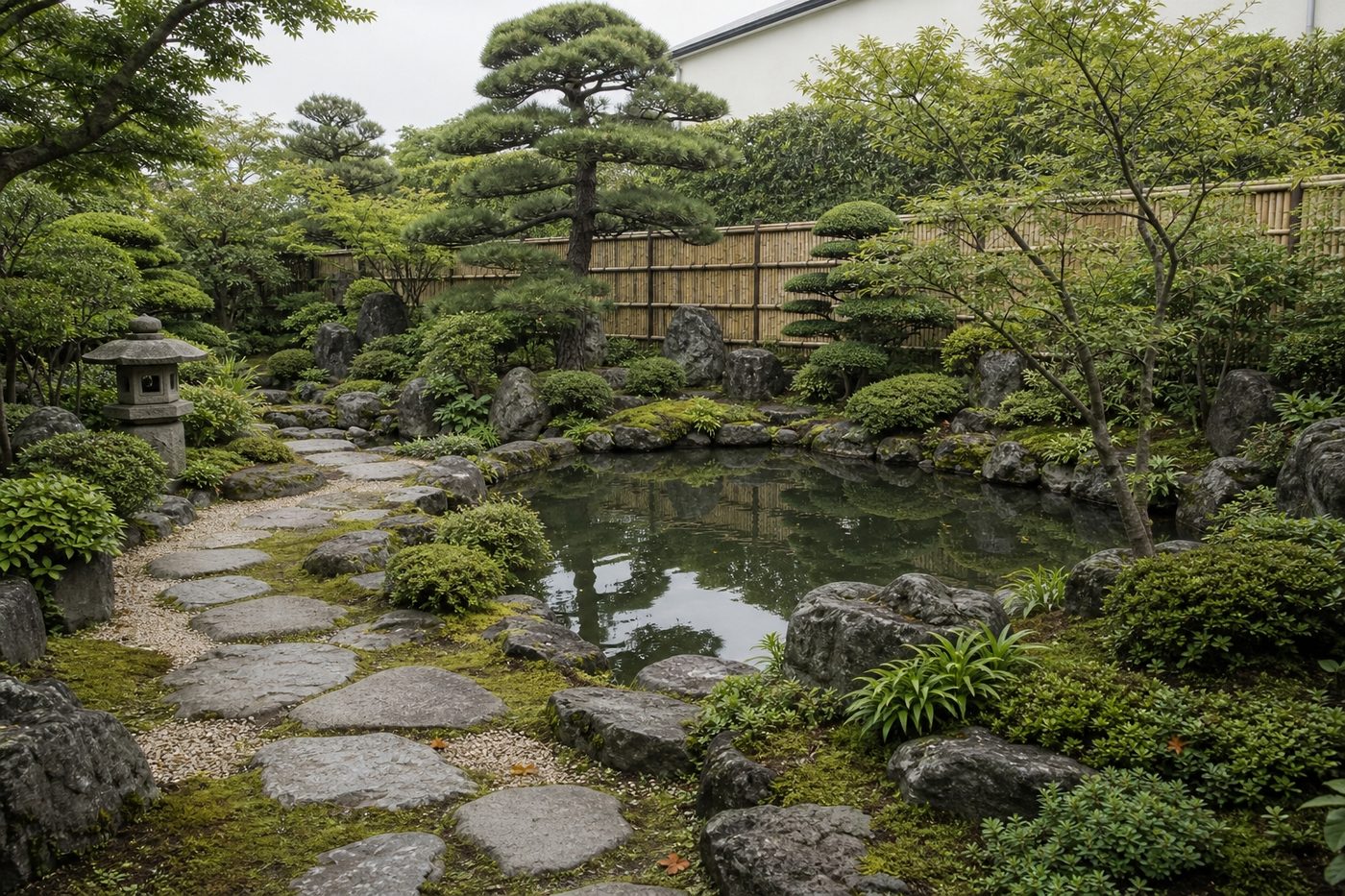 池と飛石の園路があり、松や紅葉を配した広い和風庭園