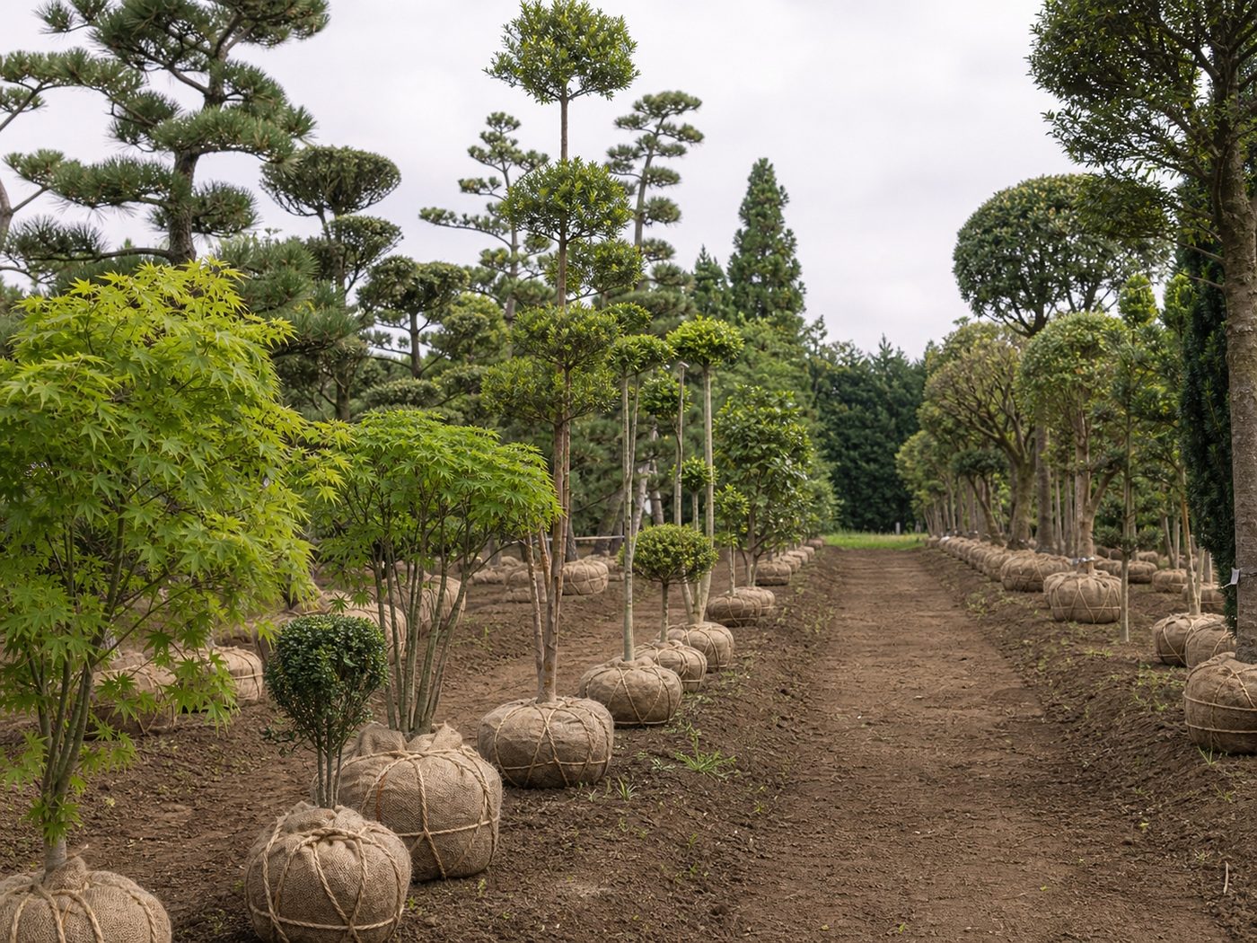 根巻きした庭木や仕立て中の中木が列をつくって並ぶ植木畑