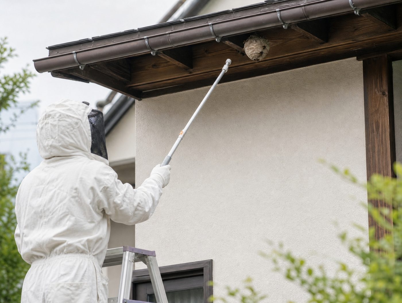 住宅の軒下にできた蜂の巣に、防護服を着た作業者が長い柄の道具を近づけている