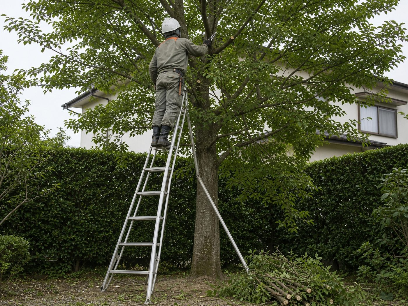 高い脚立での作業になる庭木の剪定。ヘルメットと手袋を着けた作業者が枝を整えている