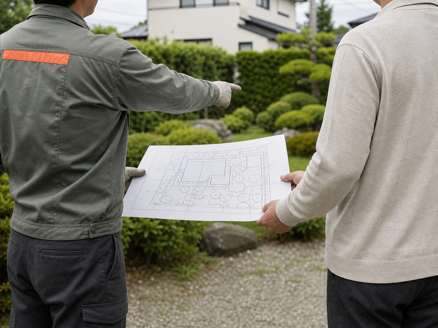 庭で図面を広げ、造園業者と住まい手が一緒に庭を見ながら打ち合わせをしている